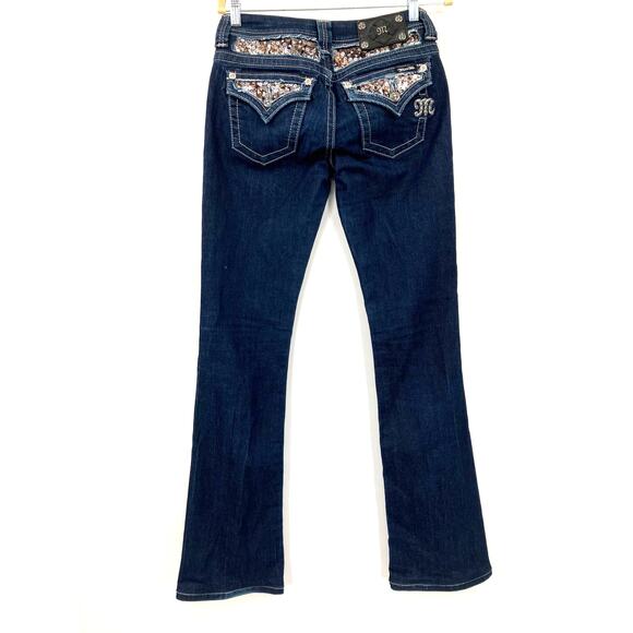 Miss Me Dark Blue Wash Easy Boot Sequin Stretch Flap Pockets Bootcut Jeans Pants - Picture 3 of 11